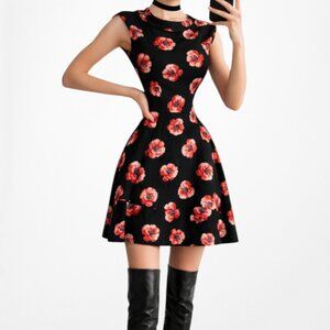 Vintage Y2K Black Red Floral Sleeveless Knee Length Flared A-Line Dress Size M